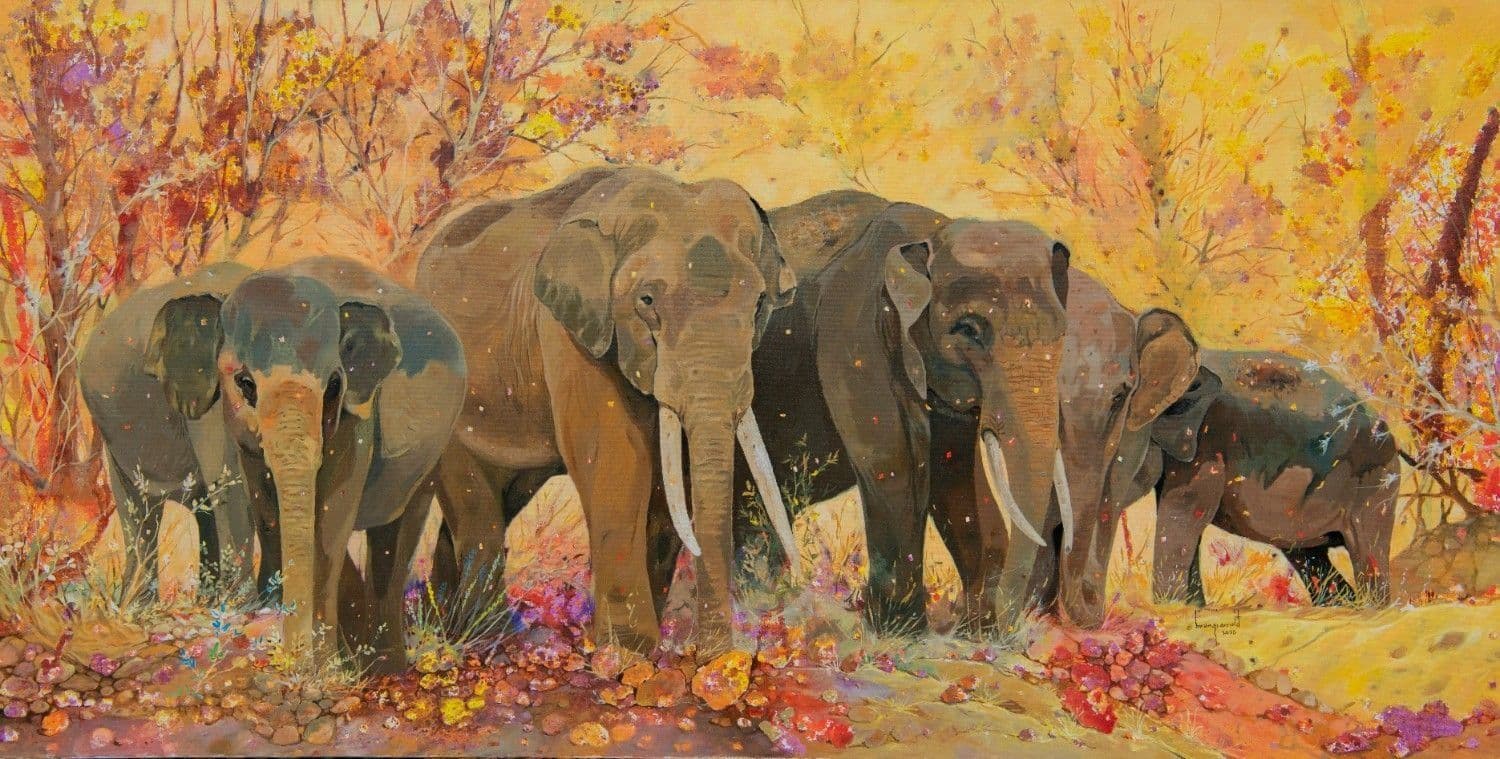 A painting of a herd of elephants walking through golden autumn trees