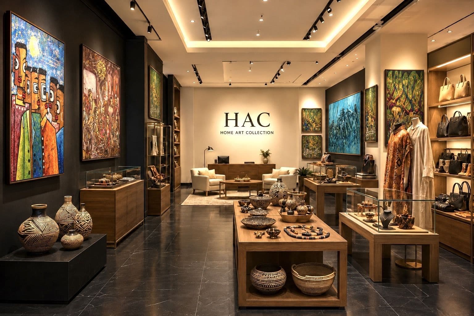 Paintings, pottery and handmade bags displayed inside HAC