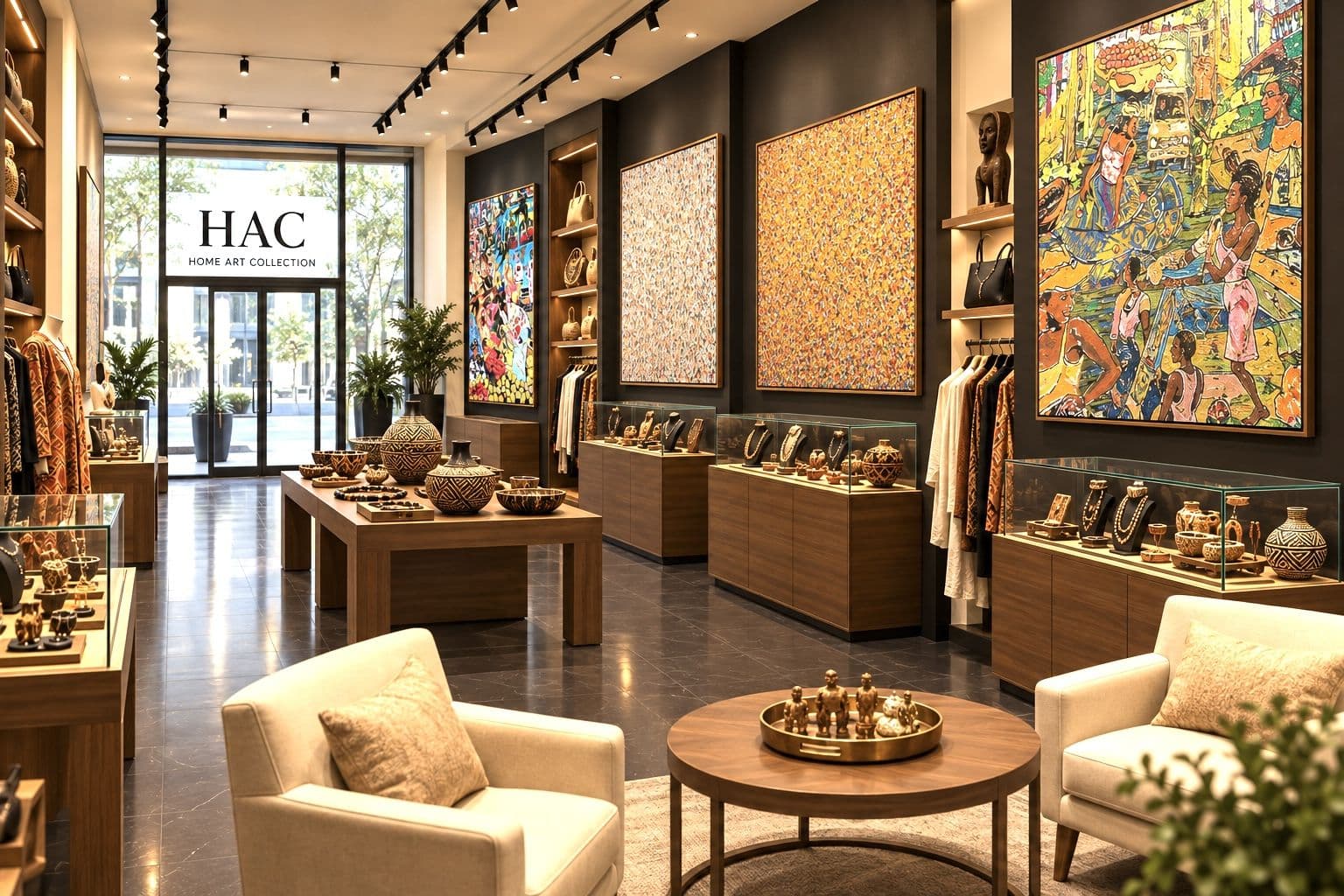 The HAC seating area surrounded by paintings and jewelry displays