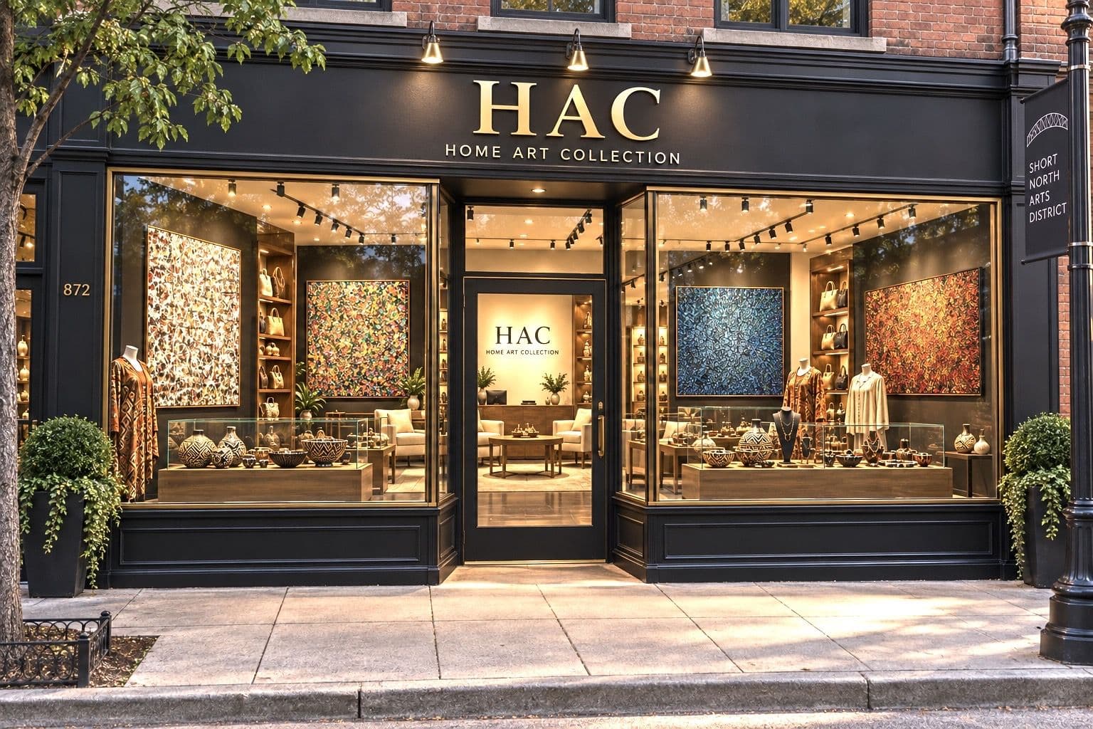 The HAC – Home Art Collection storefront at dusk