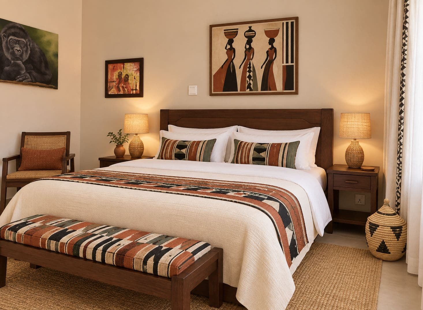 A double bedroom with African paintings, bedside lamps and a patterned bench