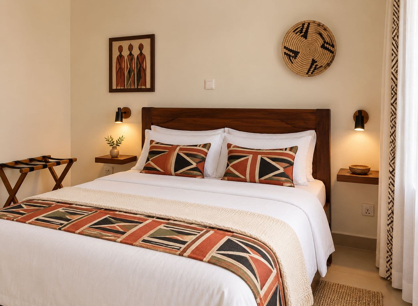 A double bedroom with patterned cushions, wall lights and a luggage rack