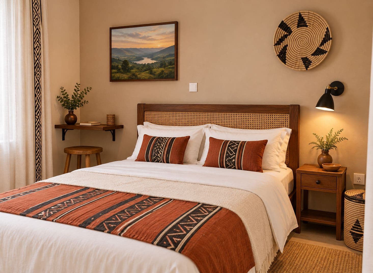 A double bedroom with a landscape painting and a woven basket