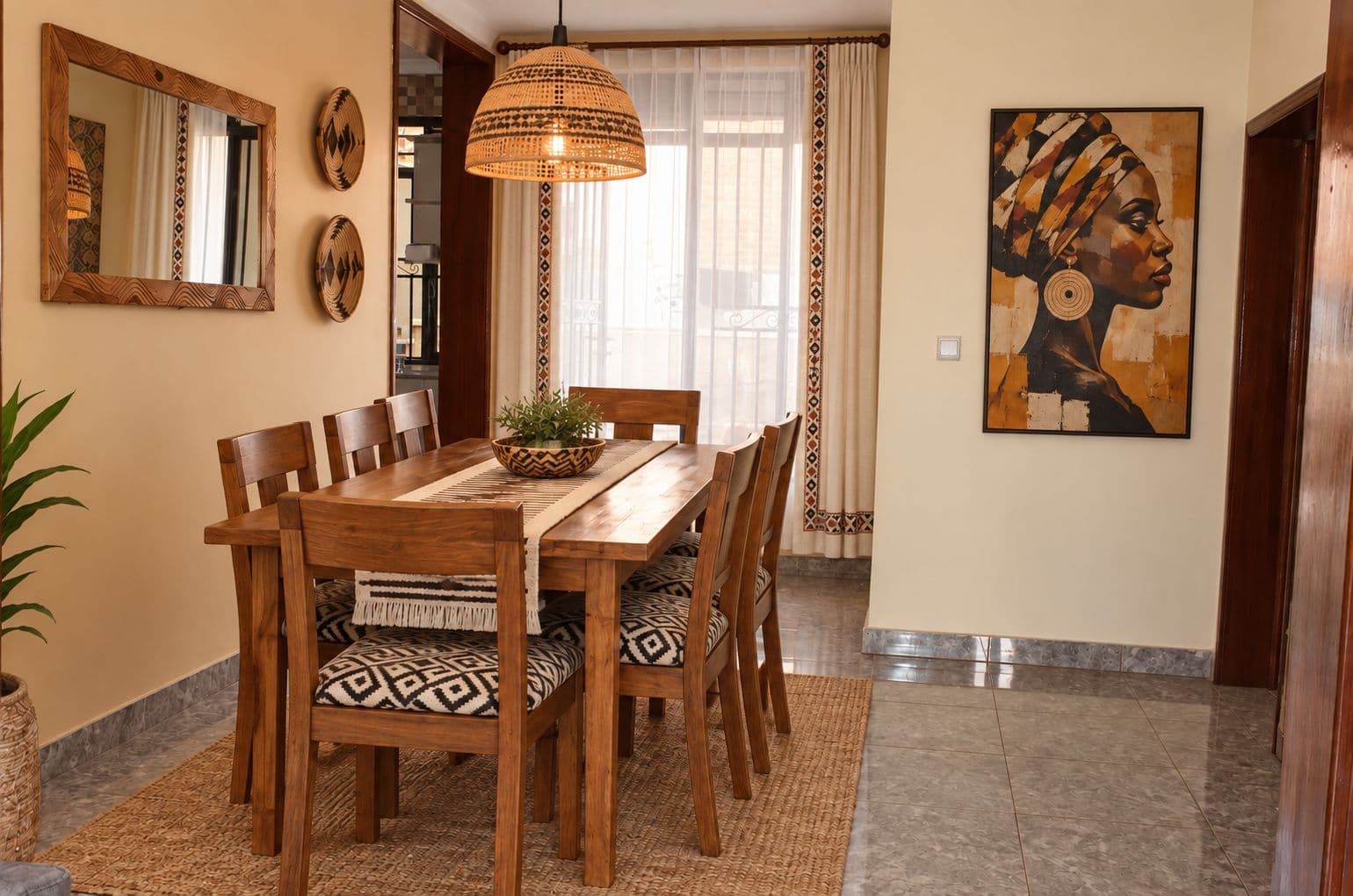 The hostel dining room with a long wooden table
