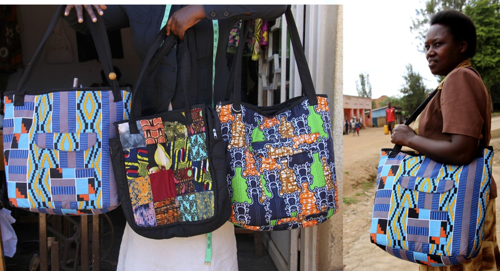 Colorful tote bags made by Mama Rwanda women