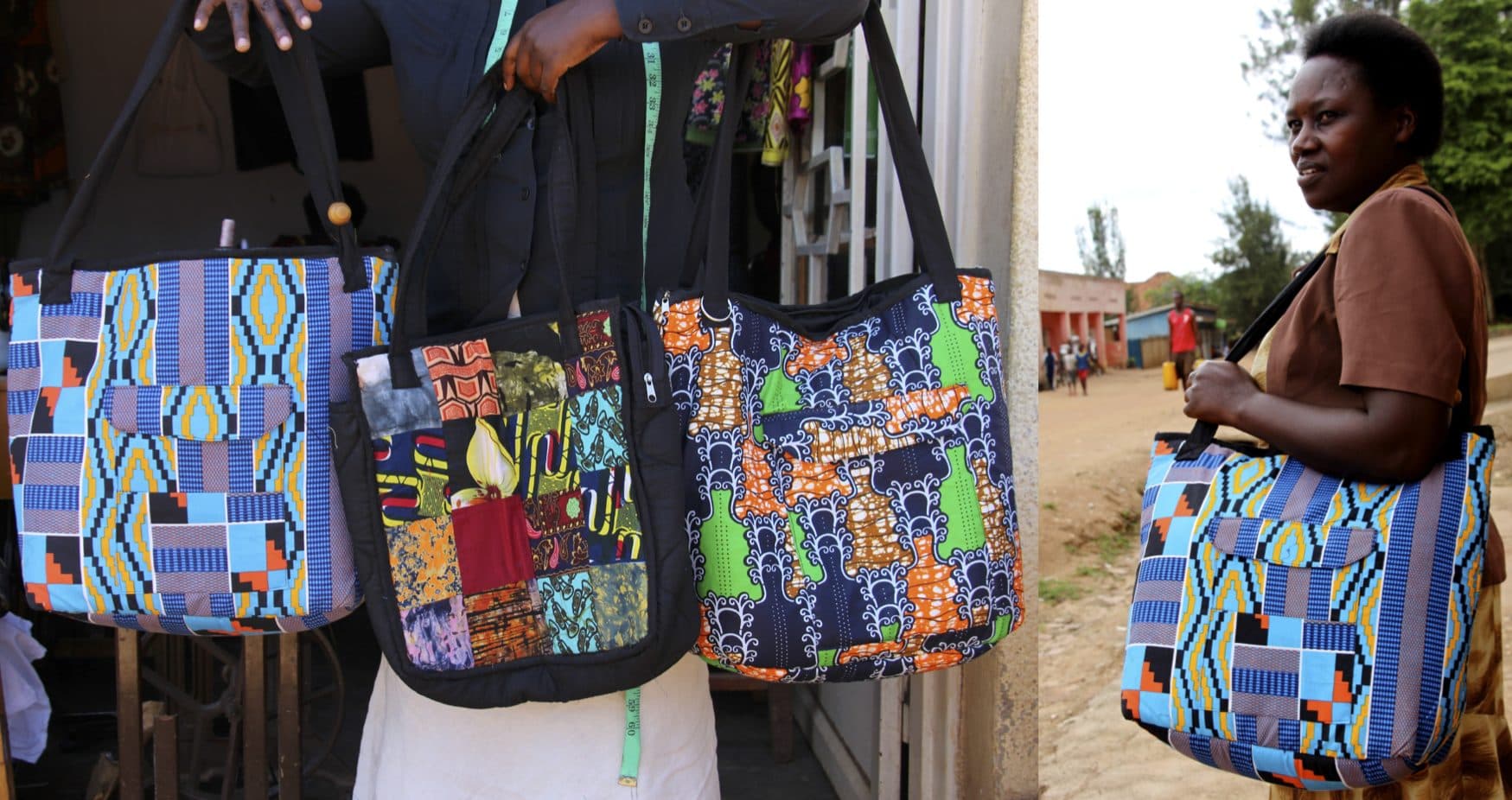 Colorful handmade fabric bags sewn by Mama Rwanda women, and a woman carrying one