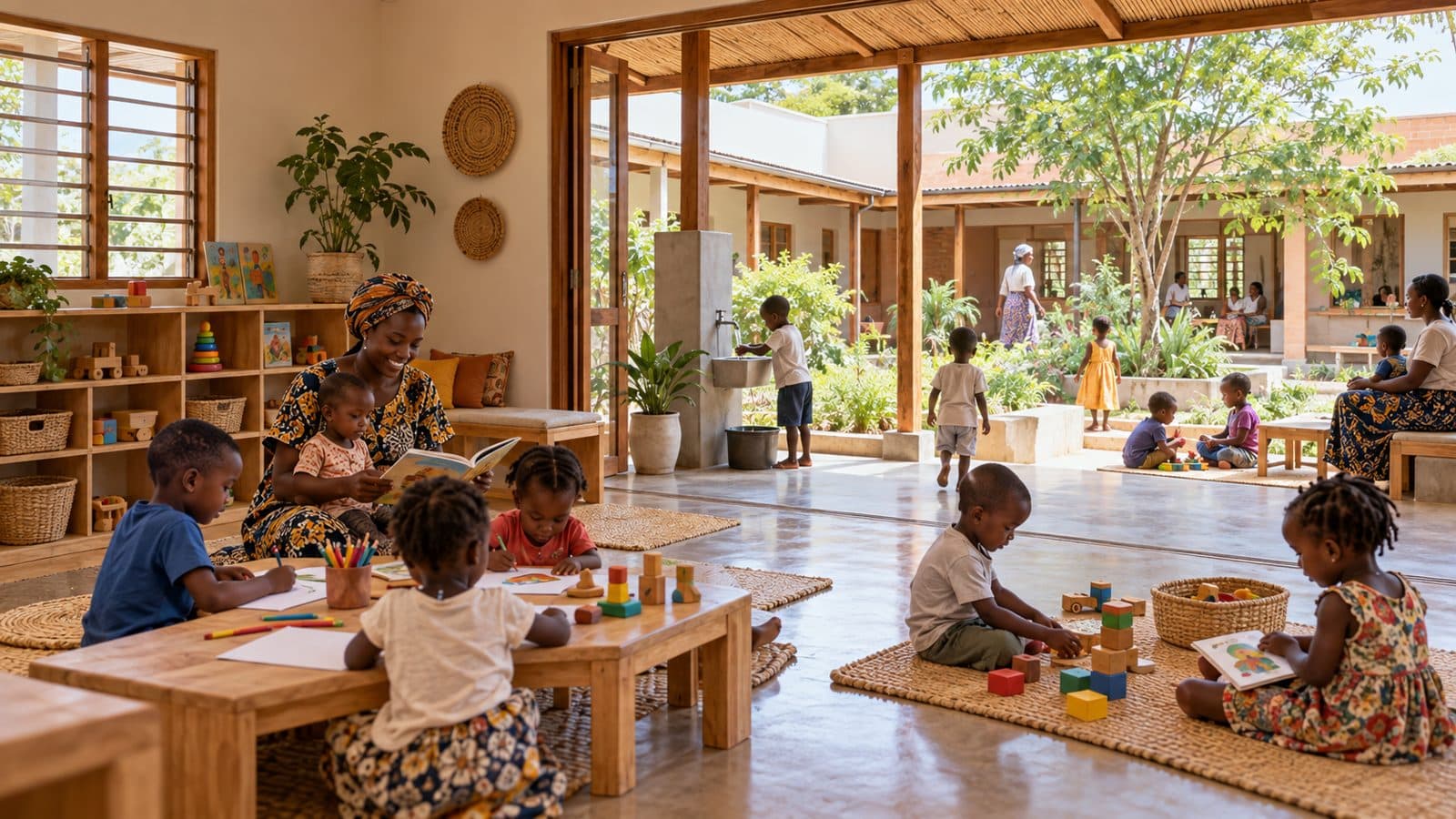 Proposed childcare room opening to a protected courtyard for children and families (concept visualization)