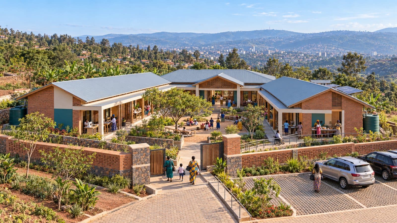 Proposed single-storey Mama Rwanda Vocational Training Center arranged around a landscaped courtyard in Masaka, Rwanda (concept visualization)