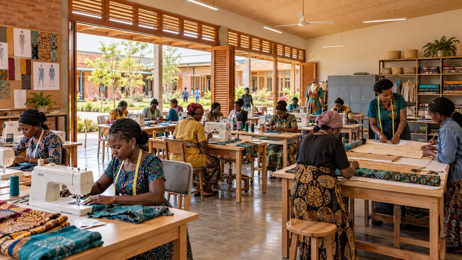Proposed tailoring and textiles workshop with sewing stations and cutting tables (concept visualization)